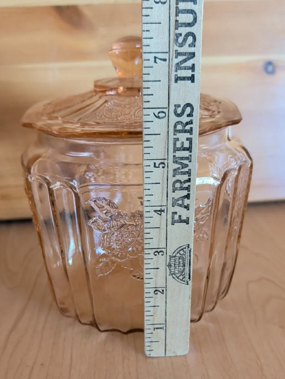 VTG. Pink Pressed Glass Cookie Jar with Lid and Floral Motif.